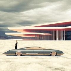 AI generated illustration of a man standing alongside a luxurious futuristic vehicle