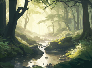 Design an intricate vector illustration of a serene forest glade bathed in the soft glow of sunlight, where meticulously detailed trees cast dappled shadows upon moss-covered rocks and a gently © Nadula