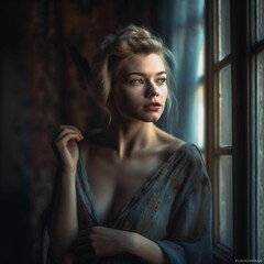 Fototapeta premium Attractive blonde female standing next to a window, AI-generated.