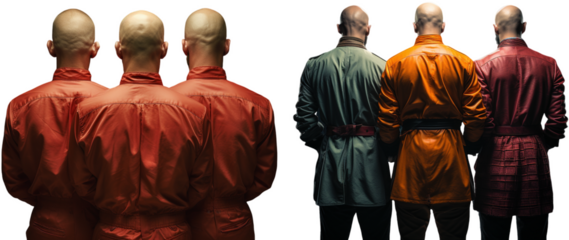 Two times three bald men, back view, generative ai