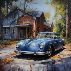 AI generated illustration of a vintage blue car parked outside a residential property