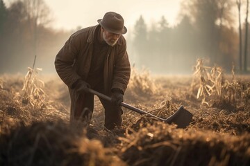 AI generated illustration of an elderly man in a field, holding a shovel and preparing to dig a hole