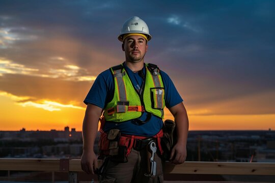 AI generated illustration of a construction worker standing on the roof of a constructed building