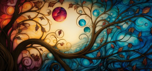 AI generated illustration of a fantasy tree with swirls and red moon