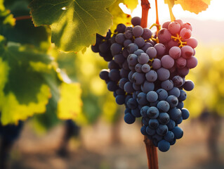 Fototapeta premium Vines and large bunches of black grapes in a vineyard. The atmosphere of the farm in the morning where the yellowish light of the sunrise and the morning dew on the farm. 