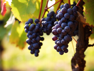 Naklejka premium Vines and large bunches of black grapes in a vineyard. The atmosphere of the farm in the morning where the yellowish light of the sunrise and the morning dew on the farm. 