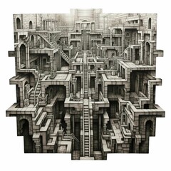 two-dimensional maze drawing featuring a building on a white paper background