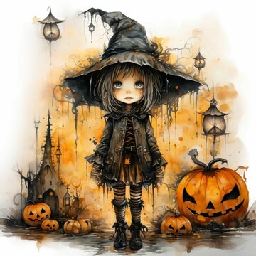 a young girl dressed up as a witch on halloween, next to a festive watercolor-painted pumpkin