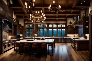 A mountain lodge kitchen with antler chandeliers.
