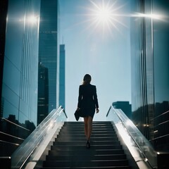 Rear view of a businesswoman climbing stairs. Financial success. Successful businesswoman on her way to the top. Successful money business, stock business, hedging, real estate trading. Generative AI