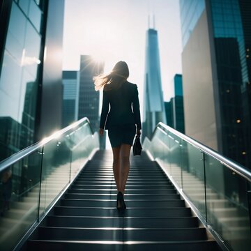 Rear view of a businesswoman climbing stairs. Financial success. Successful businesswoman on her way to the top. Successful money business, stock business, hedging, real estate trading. Generative AI