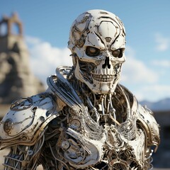 AI generated illustration of a robotic soldier in full armor standing in a dramatic pose