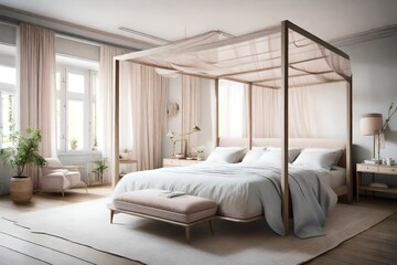 A serene bedroom with a canopy bed and soft, pastel hues.