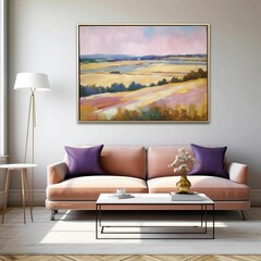 A modern interior of room with painting on a wall above a stylish brown leather sofa, AI generaeted