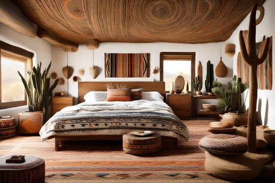 A southwestern bedroom with tribal patterns and desert-inspired decor.