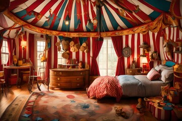 A whimsical circus-themed bedroom with circus tent-inspired canopy.