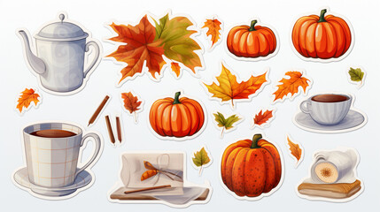 stickers on a white sheet close up: autumn, leaves, pumpkin, candle, cup of tea