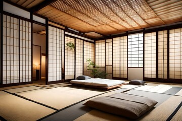 A tranquil bedroom with a Japanese tatami mat floor and shoji screens.
