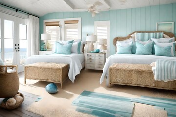 A beach house bedroom with coastal colors and seashell decor. - obrazy, fototapety, plakaty