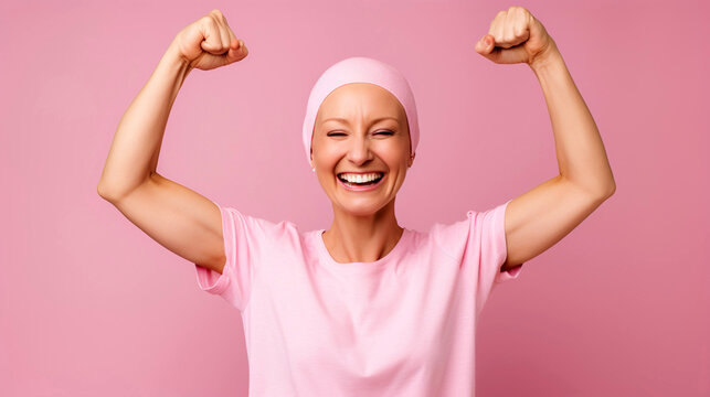 woman fighting breast cancer, clenches her arms as a survivor fighter