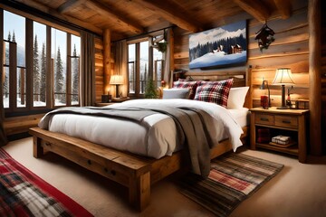 A ski lodge bedroom with cozy flannel and ski resort decor. - obrazy, fototapety, plakaty