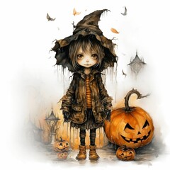 Fototapeta premium a young girl dressed up as a witch on halloween, next to a festive watercolor-painted pumpkin
