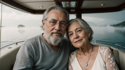 Elderly old senior couple on a date with romance and love, man and woman looking happy