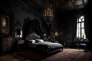 A Victorian gothic bedroom with dark, dramatic decor and ornate details.