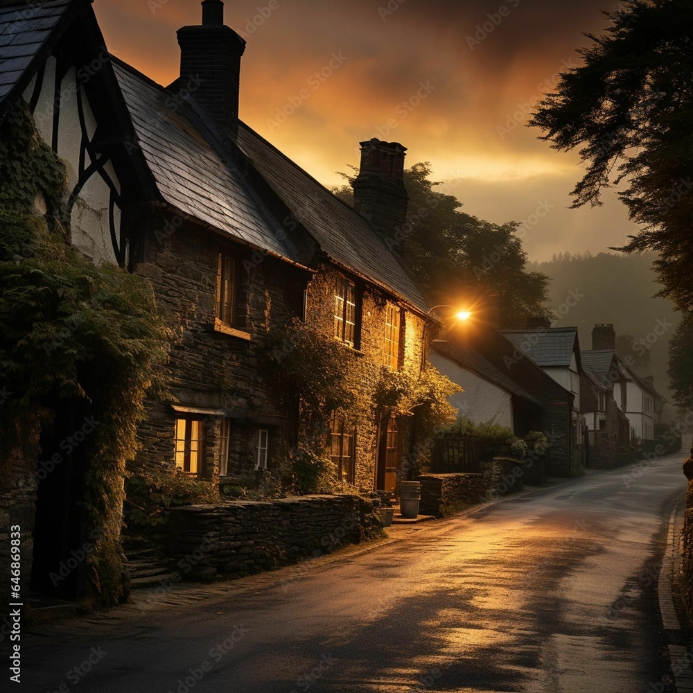 Canvas Prints AI generated illustration of a tranquil scene of a narrow street in a village at dusk