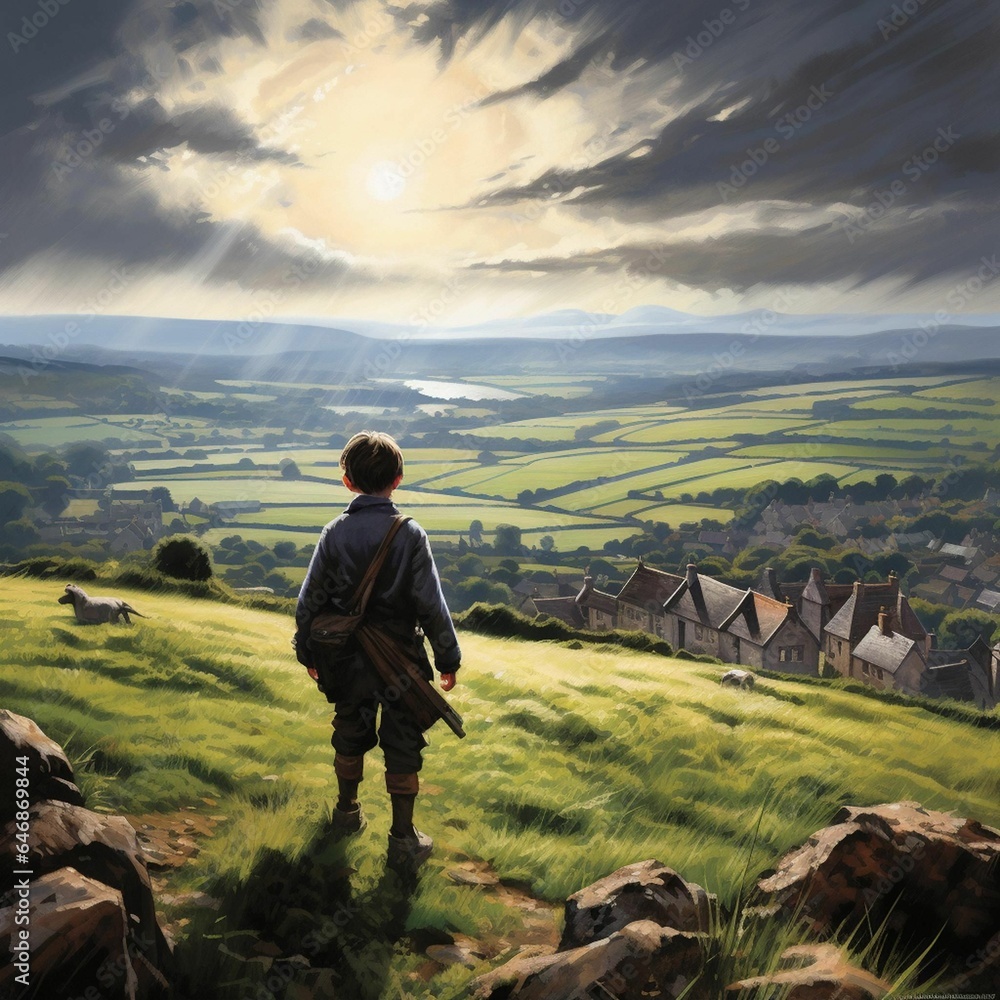 Sticker AI generated illustration of an oil painting of a young boy standing in a picturesque valley