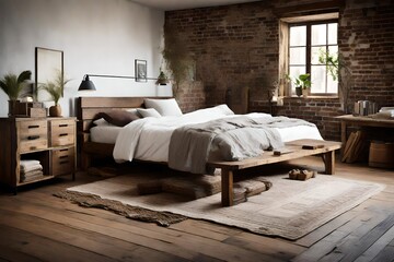 A rustic chic bedroom with reclaimed wood furniture and cozy textiles.