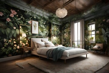 A secret garden-themed bedroom with lush foliage and floral prints. - obrazy, fototapety, plakaty