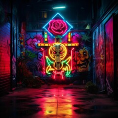 a dark alley with a neon cross nomenclature that depicts a skull - obrazy, fototapety, plakaty
