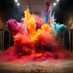 AI generated illustration of a burst of colorful powder explosion in a room