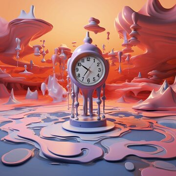a clock in an unusual scene of orange and pink colors