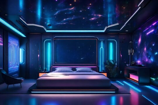A space-themed bedroom with cosmic wallpaper and futuristic furniture.
