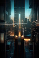 Abstract background of dark business city skyscrapers. AI Generation 