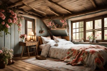 A cottagecore bedroom with floral prints and rustic charm.