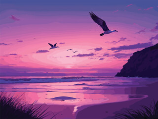 Illustrate a serene vector scene of a beach at dusk, with gently rolling waves and a sky painted in shades of pink and purple, as seabirds return to their nests.
