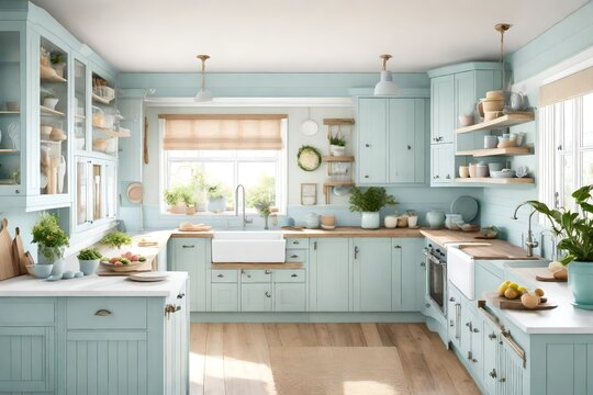 A coastal cottage kitchen with pastel hues.