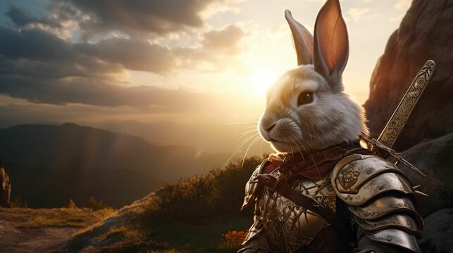 AI generated illustration of a rabbit in a knight armor at golden hour