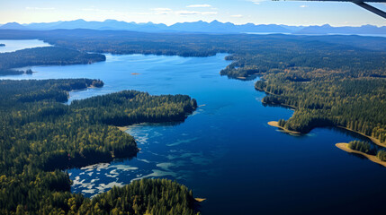 Birds view of beautiful lake from on a summer day. Forest, trees sunshine.