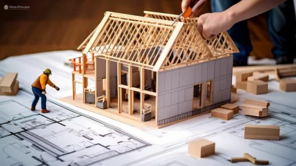 Foto op Canvas mini wooden house design with blueprint consept. © AgungRikhi