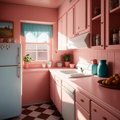 A modern kitchen with a bright pink wall with a black and white checkered floor - AI generated