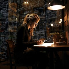Obraz premium AI generated illustration of a young adult woman seated at a wooden desk, using her phone