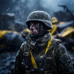 Naklejka premium A soldier in the rain wearing all terrain clothing