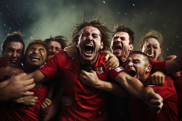 Soccer players emotionally celebrating their victory or their goal.