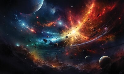 Awe-inspiring planetary space scene with a multitude of planets and stars, AI-generated. - obrazy, fototapety, plakaty