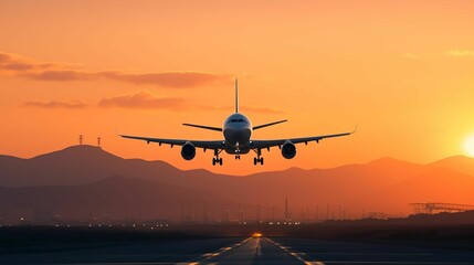 AI generated illustration of an airplane landing on a runway at sunset