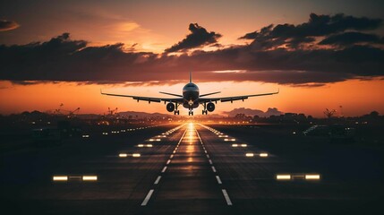 AI generated illustration of an airplane landing on a runway at sunset